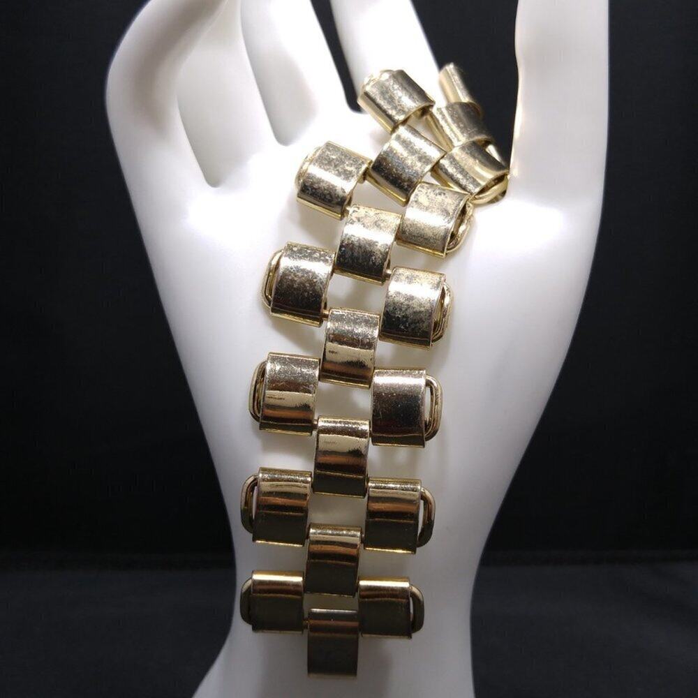 Vintage Gold Tone Book Chain Bracelet 1950s Wide Link 6.5 Inch